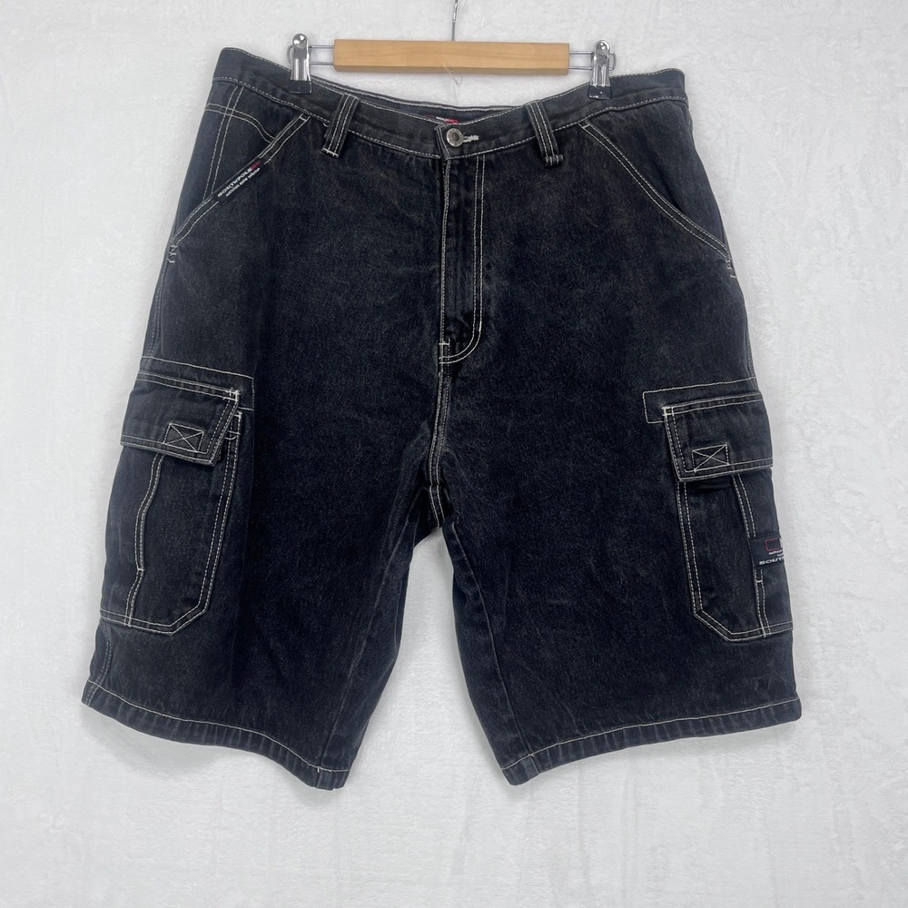 VTG Southpole Cargo Baggy Denim Shorts Mens 38 Black Contrast Stitch Y2K Jorts